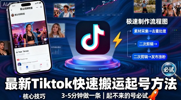 最新Tiktok快速搬运快速起号方法，3-5分钟做一条，起不来的号可以试试-九零网创