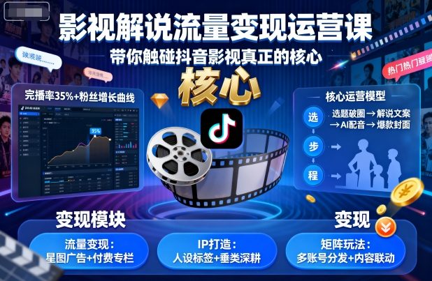 影视解说流量变现运营课，带你触碰抖音影视真正的核心-九零网创