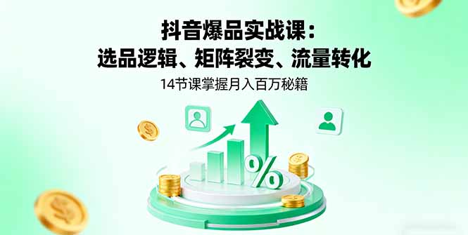 抖音爆品实战课：选品逻辑、矩阵裂变、流量转化，14节课掌握月入百万秘籍-九零网创