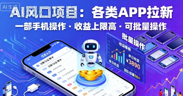 AI风口项目，各类APP拉新，一部手机就可以操作，收益上限高，可批量操作-九零网创