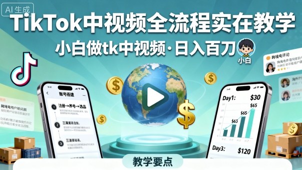 TikTok中视频全流程实操教学，小白做tk中视频，日入百刀-九零网创