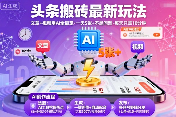头条搬砖最新玩法，文章+视频用AI全搞定，一天5张+不是问题，每天只需10分钟-九零网创