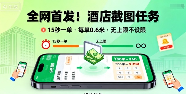 全网首发！酒店截图任务，15秒一单，每单0.6米，任务无上限不设限，矩阵操作单日3张到手【揭秘】-九零网创