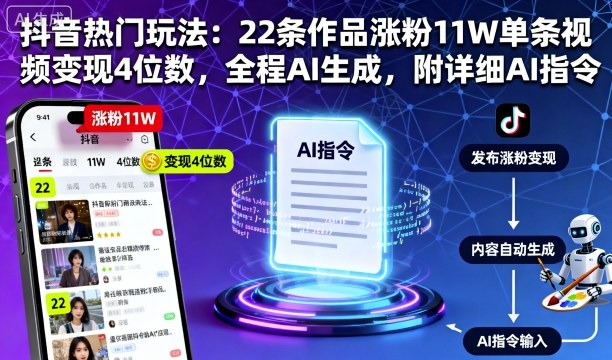 抖音热门玩法：22条作品涨粉11W单条视频变现4位数，全程AI生成，附详细AI指令-九零网创