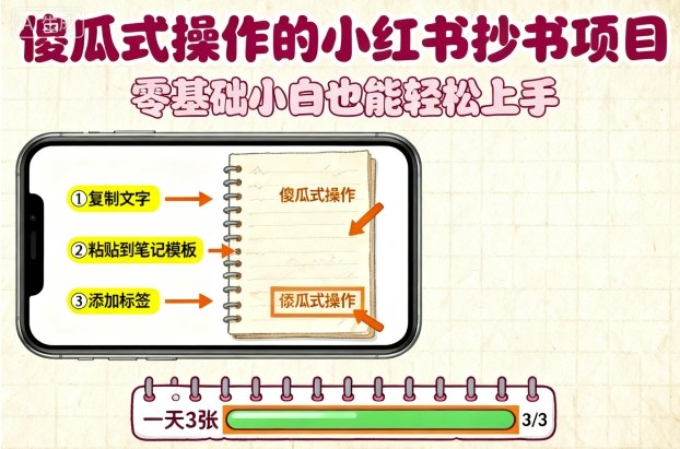 傻瓜式操作的小红书抄书项目，会复制粘贴就行，零基础小白也能一天3张-九零网创