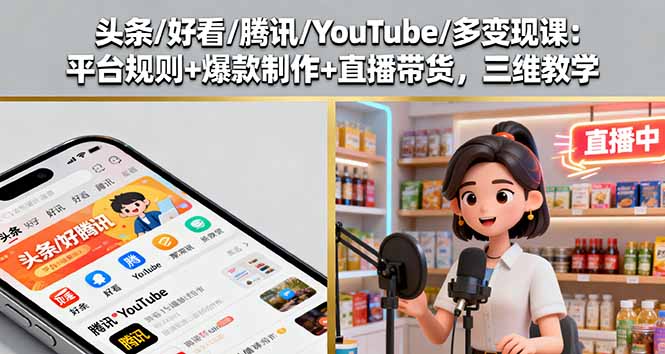 头条/好看/腾讯/YouTube/多变现课：平台规则+爆款制作+直播带货，三维教学-九零网创