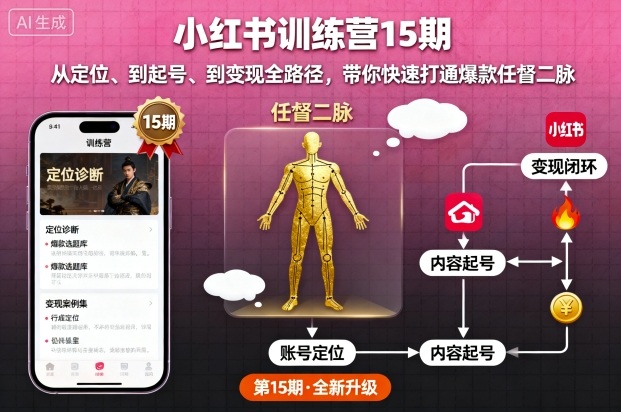 小红书训练营15期，从定位、到起号、到变现全路径，带你快速打通爆款任督二脉-九零网创