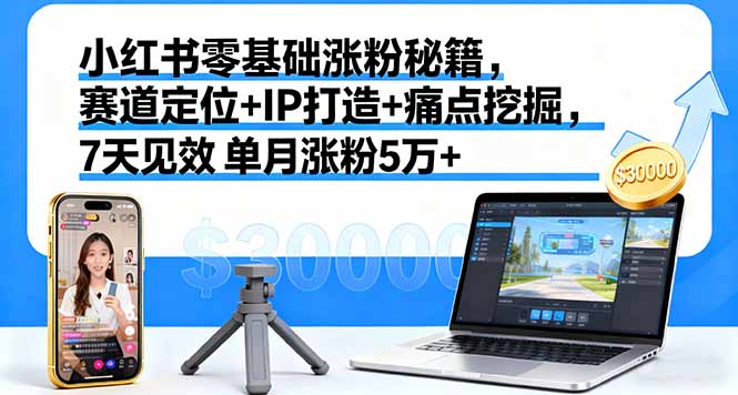 小红书零基础涨粉秘籍，赛道定位+IP打造+痛点挖掘，7天见效 单月涨粉5万+-九零网创