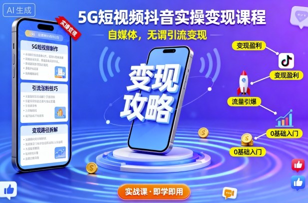 5G短视频抖音实操变现课程，自媒体，无谓引流变现-九零网创