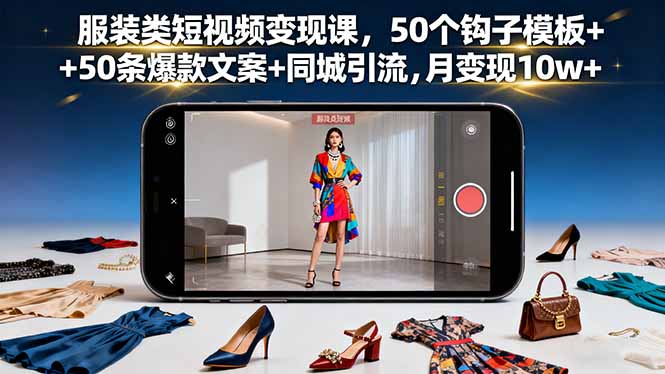 服装类短视频变现课，50个钩子模板+50条爆款文案+同城引流，月变现10w+-九零网创
