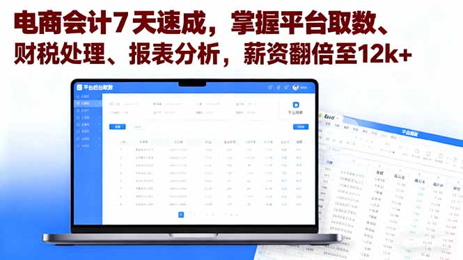 电商会计7天速成，掌握平台取数、财税处理、报表分析，薪资翻倍至12k+-九零网创