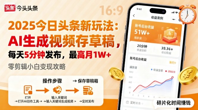 2025年今日头条躺賺新玩法，AI生成视频存草稿，每天5分钟发布，最高月1W+【揭秘】-九零网创