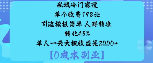 私域冷门赛道:单个收费198米引流模板简单人群精准转化45%单人一天大概收益是1k+-九零网创