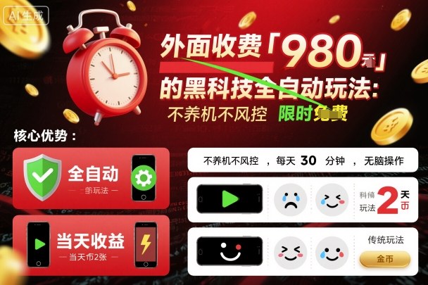 外面收费980的黑科技全自动玩法，不养机不风控，每天30分钟，无脑操作，当天收益2张【揭秘】-九零网创