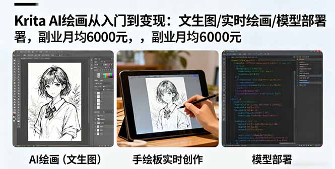 Krita AI绘画从入门到变现：文生图/实时绘画/模型部署，副业月均6000元-九零网创