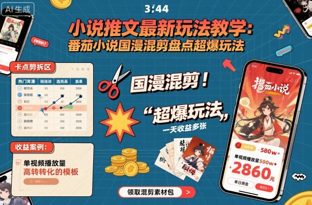 小说推文最新玩法教学，番茄小说国漫混剪盘点超爆玩法，全程干货，一天收益多张-九零网创