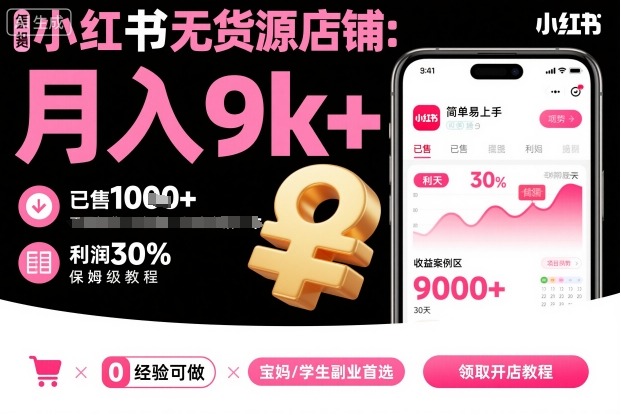 小红书无货源店铺项目，简单易上手，月入9k+，保姆级教程-九零网创