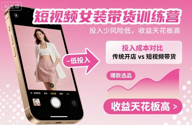 短视频女装带货训练营，投入少风险低，收益天花板高-九零网创