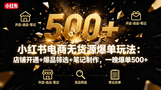 小红书电商无货源爆单玩法：店铺开通+爆品筛选+笔记制作，一晚爆单500+-九零网创