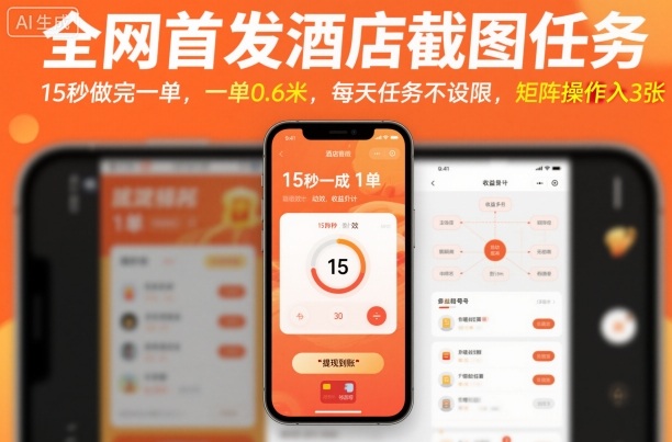 全网首发酒店截图任务，15秒做完一单，一单0.6米，每天任务不设限，矩阵操作日入3张【揭秘】-九零网创