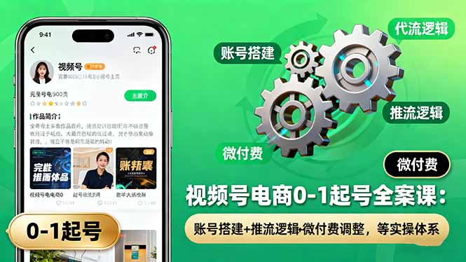 视频号电商0-1起号全案课：账号搭建+推流逻辑+微付费调整，等实操体系-九零网创