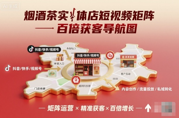 烟酒茶实体店短视频矩阵百倍获客导航图-九零网创