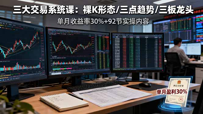 三大交易系统课：裸K形态/三点趋势/三板体系，单月收益率30%+92节实操内容-九零网创