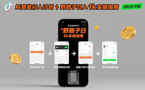 抖音发行人计划全新野路子玩法，随时随地，只要有手机，就能操作，日入1k+【揭秘】-九零网创