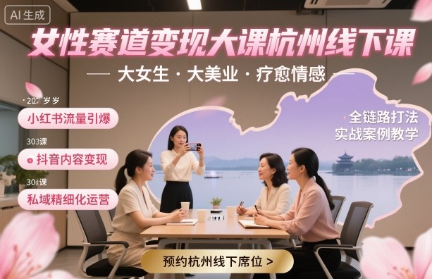 女性赛道变现大课杭州线下，大女生，大美业，疗愈情感，一套小红书、抖音、私域全链路打法-九零网创