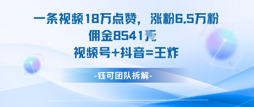 一条视频18W点赞，涨粉6.5W粉佣金8541米，视频号+抖音=王炸-九零网创