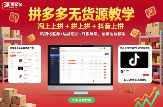 拼多多无货源教学，淘上拼+拼上拼+抖上拼，精细化蓝海+运营进阶+终极玩法，全套运营教程-九零网创