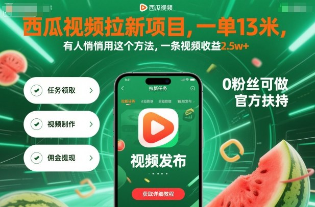 西瓜视频拉新项目，一单13米，有人悄悄用这个方法，一条视频收益2.5w+(附详细教程)-九零网创