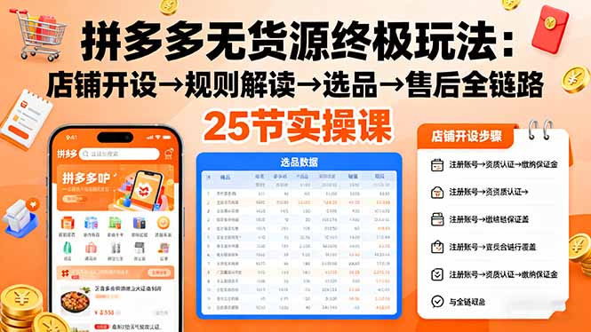 拼多多无货源终极玩法：店铺开设→规则解读→选品→售后全链路,25节实操课-九零网创