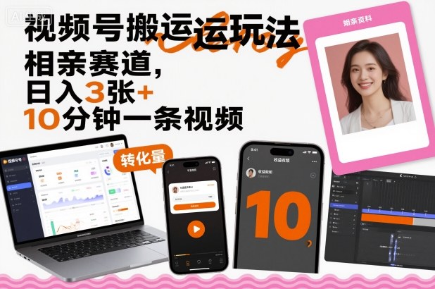 视频号搬运玩法，相亲赛道，日入3张+，10分钟一条视频-九零网创