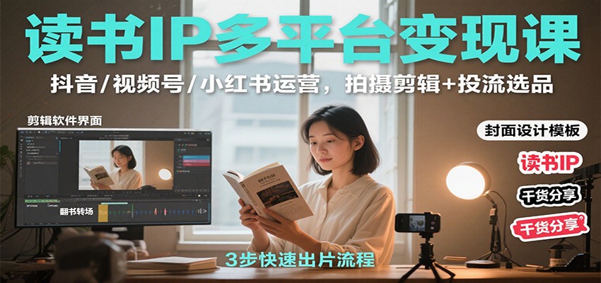读书IP多平台变现课:抖音/视频号/小红书运营,拍摄剪辑+投流选品-九零网创