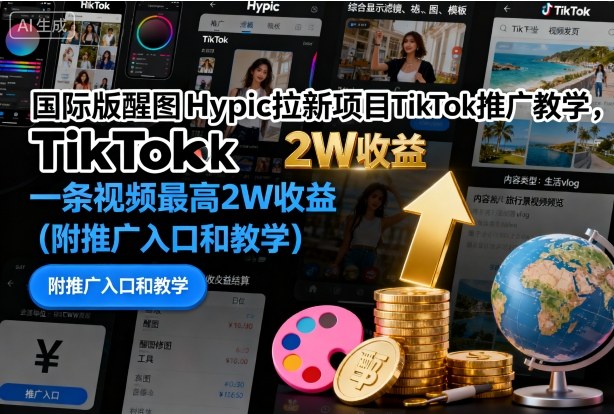 国际版醒图Hypic拉新项目TikTok推广教学，一条视频最高2W收益(附推广入口和教学)-九零网创