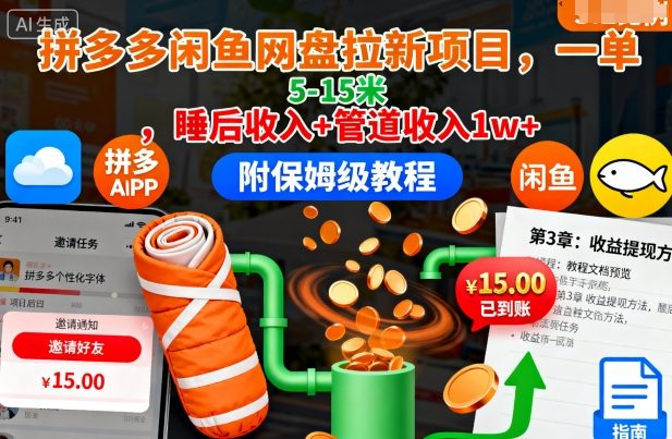 拼多多闲鱼网盘拉新项目，一单5-15米，睡后收入+管道收入1w+(附保姆级教程)-九零网创