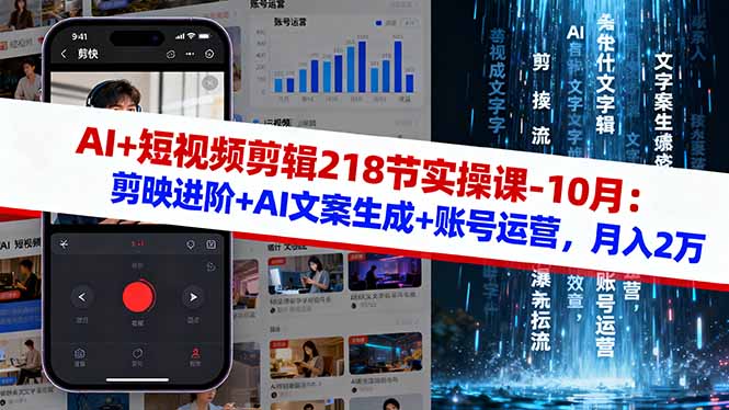 AI+短视频剪辑218节实操课-10月：剪映进阶+AI文案生成+账号运营，月入2万-九零网创