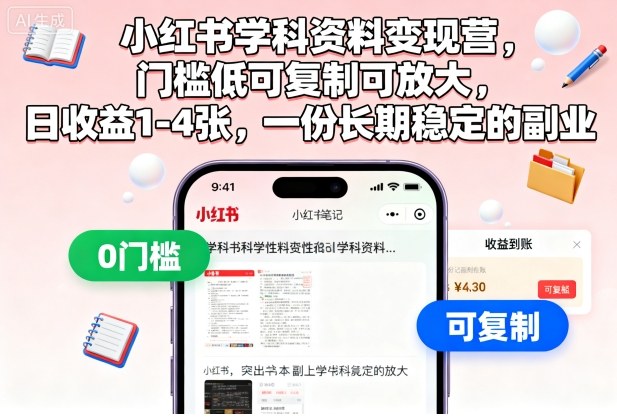 小红书学科资料变现营，门槛低可复制可放大，日收益1-4张，一份长期稳定的副业-九零网创