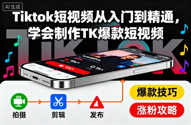 Tiktok短视频从入门到精通,学会制作TK爆款短视频-九零网创
