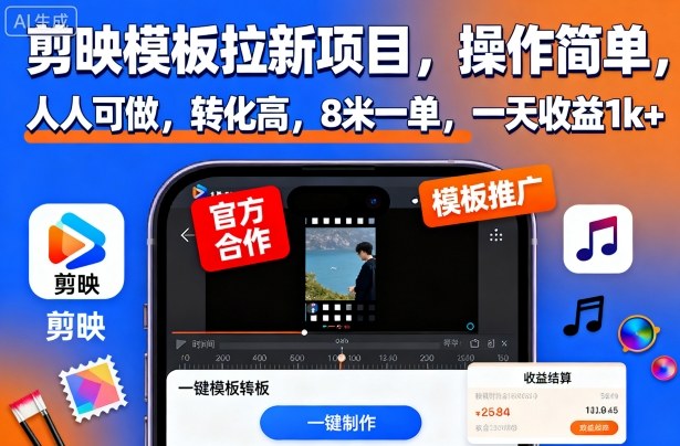 剪映模板拉新项目,操作简单,人人可做,转化高,8米一单,一天收益1k+-九零网创