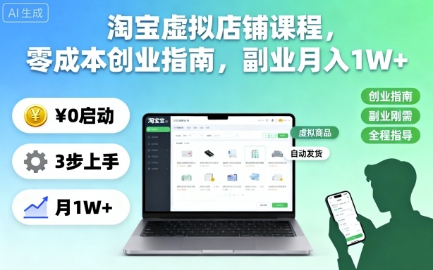淘宝虚拟店铺课程，零成本创业指南，副业月入1W+-九零网创