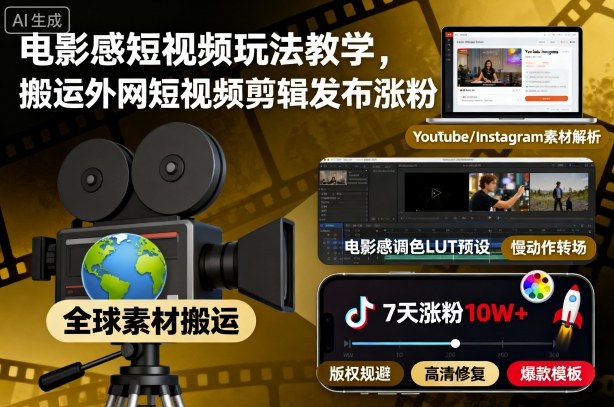 电影感短视频玩法教学,搬运外网短视频剪辑发布涨粉-九零网创