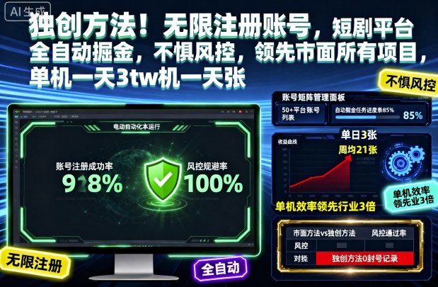 独创方法!无限注册账号,短剧平台全自动掘金,不惧风控,领先市面所有项目,单机一天3张【揭秘】-九零网创