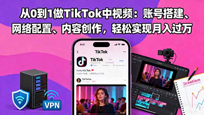 从0到1做TikTok中视频：账号搭建、网络配置、内容创作，轻松实现月入过万-九零网创