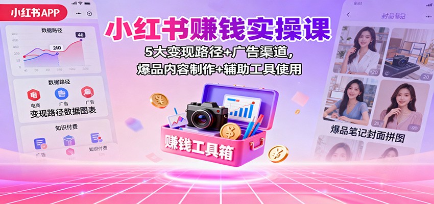 小红书赚钱实操课：5大变现路径+广告渠道，爆品内容制作+辅助工具使用-九零网创