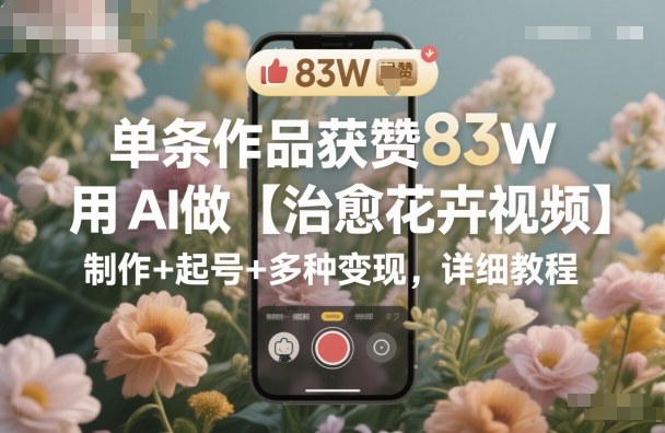 单条作品获赞83W，用AI做【治愈花卉视频】，制作+起号+多种变现，详细教程-九零网创