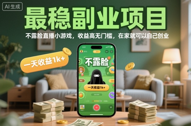最稳副业项目，不露脸直播小游戏，收益高无门槛，一天收益1k+，在家就可以自己创业【揭秘】-九零网创