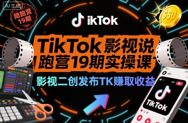TikTok影视解说陪跑营19期实操课，影视二创发布TK賺取收益，万播收益50美金-九零网创