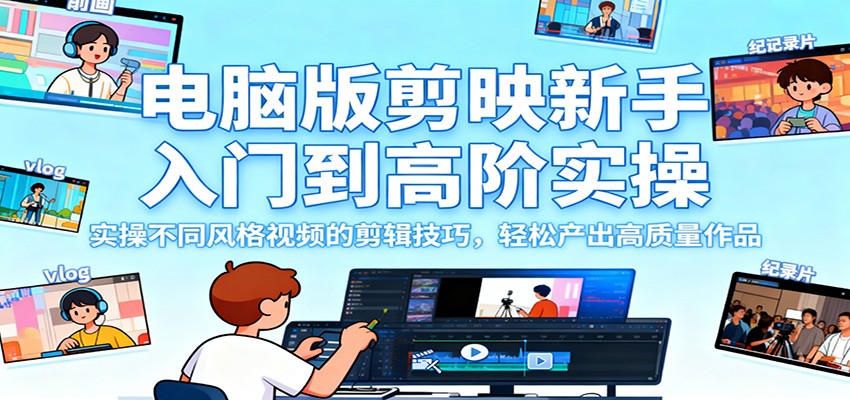 电脑版剪映新手入门到高阶实操，实操不同风格视频的剪辑技巧，轻松产出高质量作品-九零网创